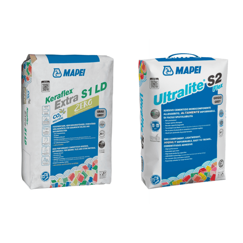 Le choix de la colle est essentiel en grand format, avec une attention particulière portée à la déformabilité et au transfert. Texte alt : colle pour carrelage grand format classification s1 s2